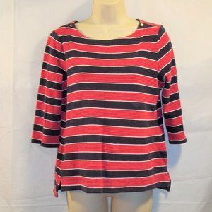 Croft & Barrow Womens Top Blouse Size PM 3/4 Sleeves Snaps Striped Red Blue